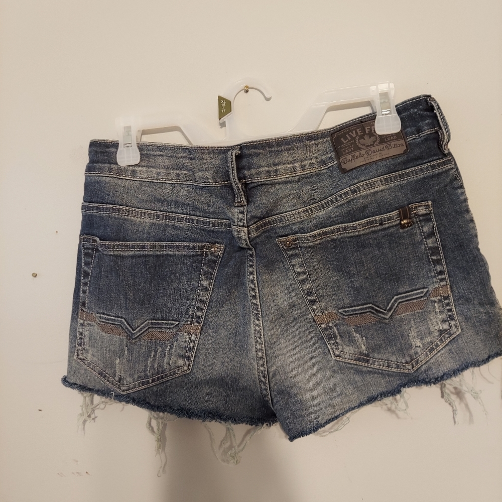 Y2K High Waisted Denim Mom Shorts 32 Festival Western Cowgirl Boho Frayed Hem - Picture 2 of 10